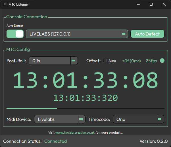 MTC Listener actively receiving timecode